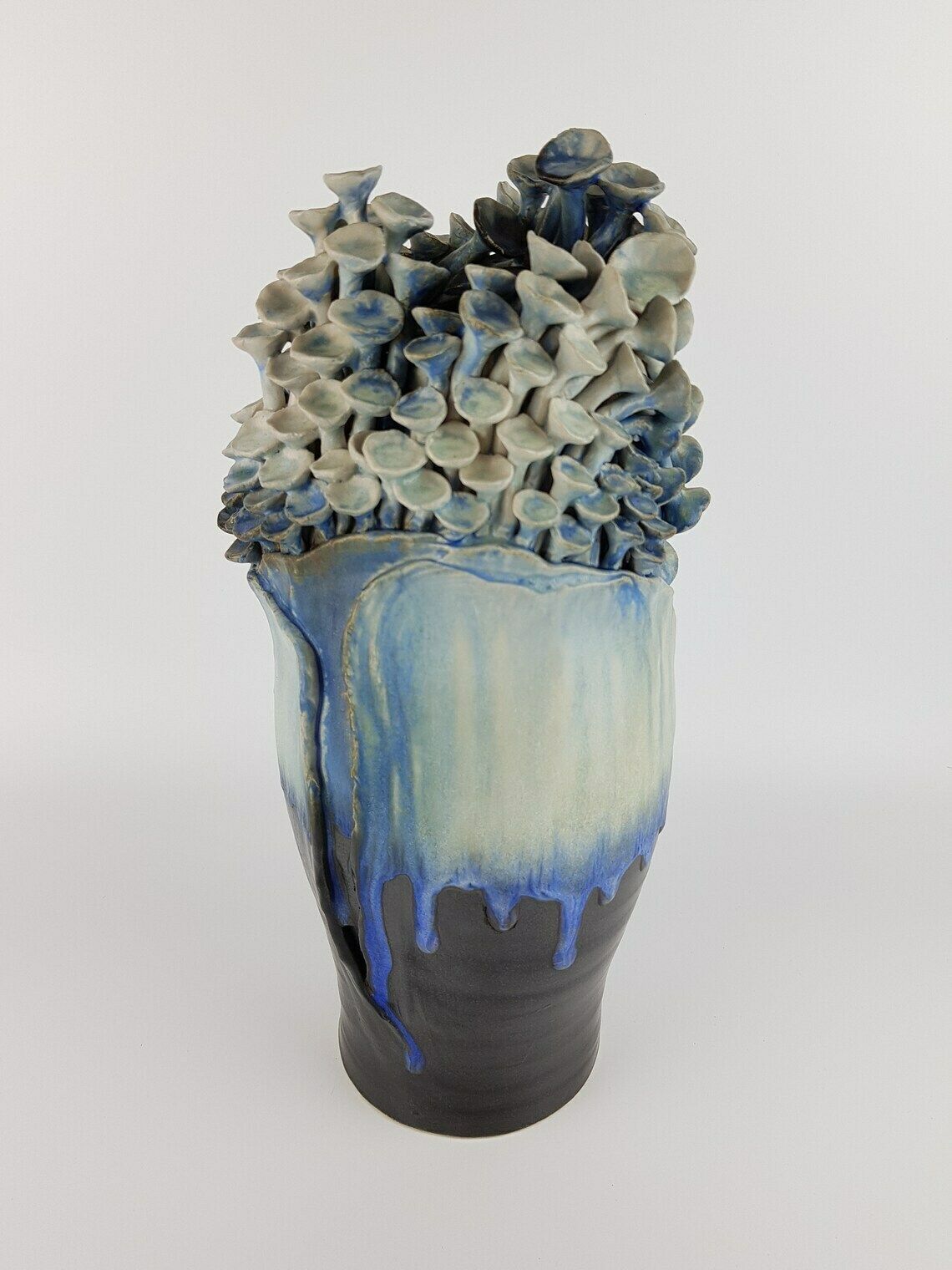 Vintage Stylish Studio Art Pottery Blue 'Mushroom" Vase From Töpferei Maria & Werner Schott Petershagen West Germany 1960s photo furniture