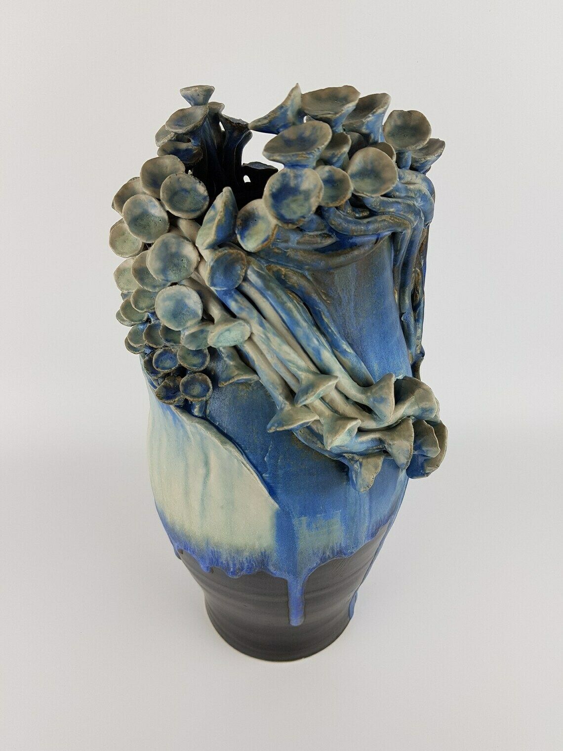 Vintage Stylish Studio Art Pottery Blue 'Mushroom" Vase From Töpferei Maria & Werner Schott Petershagen West Germany 1960s photo vinterior