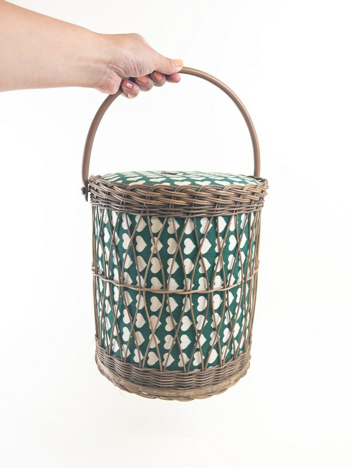 Round Green Wicker Sewing Basket With Heart Motif   Knitting Basket   Yarn Basket   Mid Century Decor photo for sale
