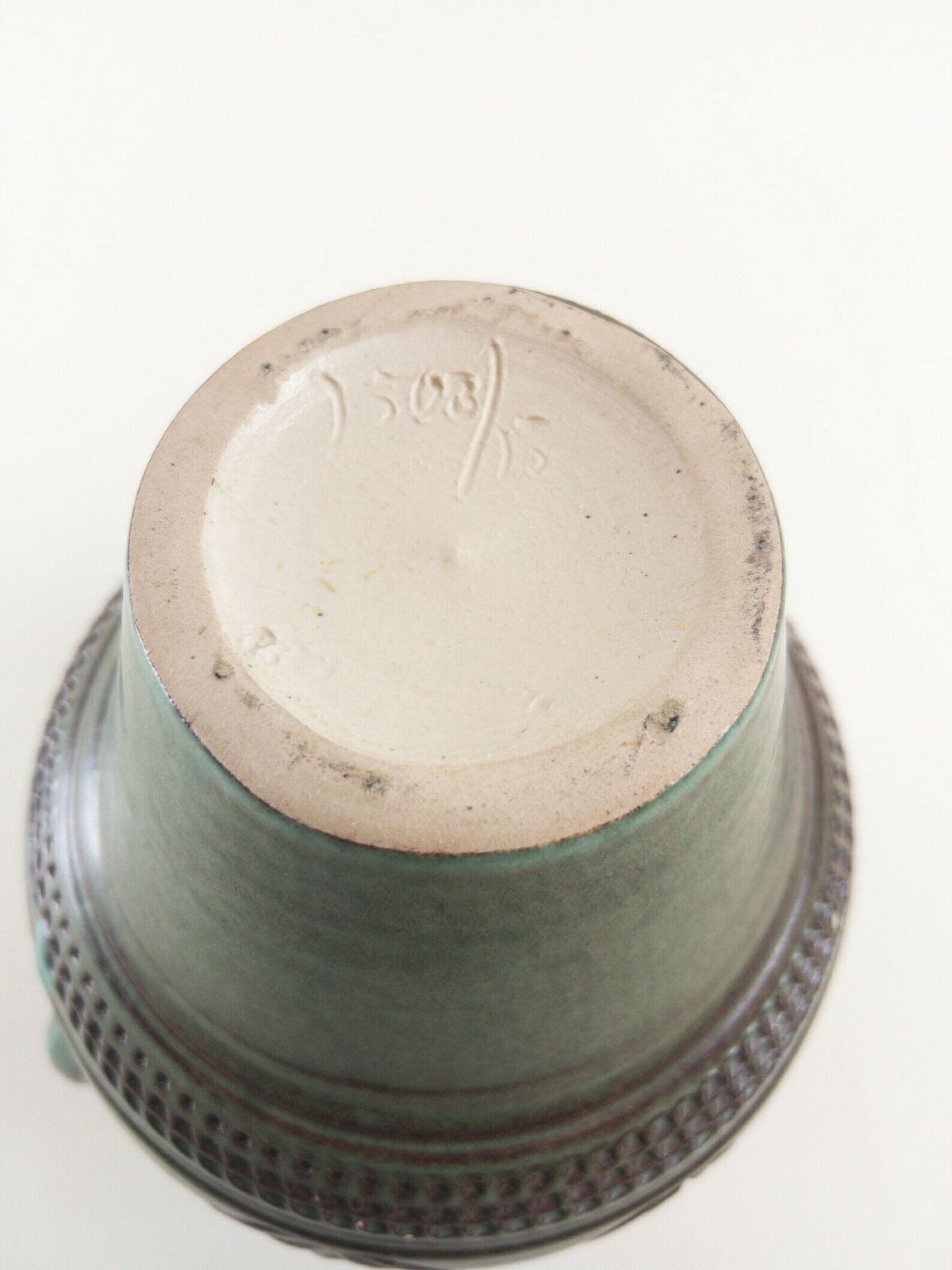 photo for sale West German Pottery   Knödgen Edelkeramik Ilkra Ceramic Vase With Handle   Jade Green Handmade Heavy Vase