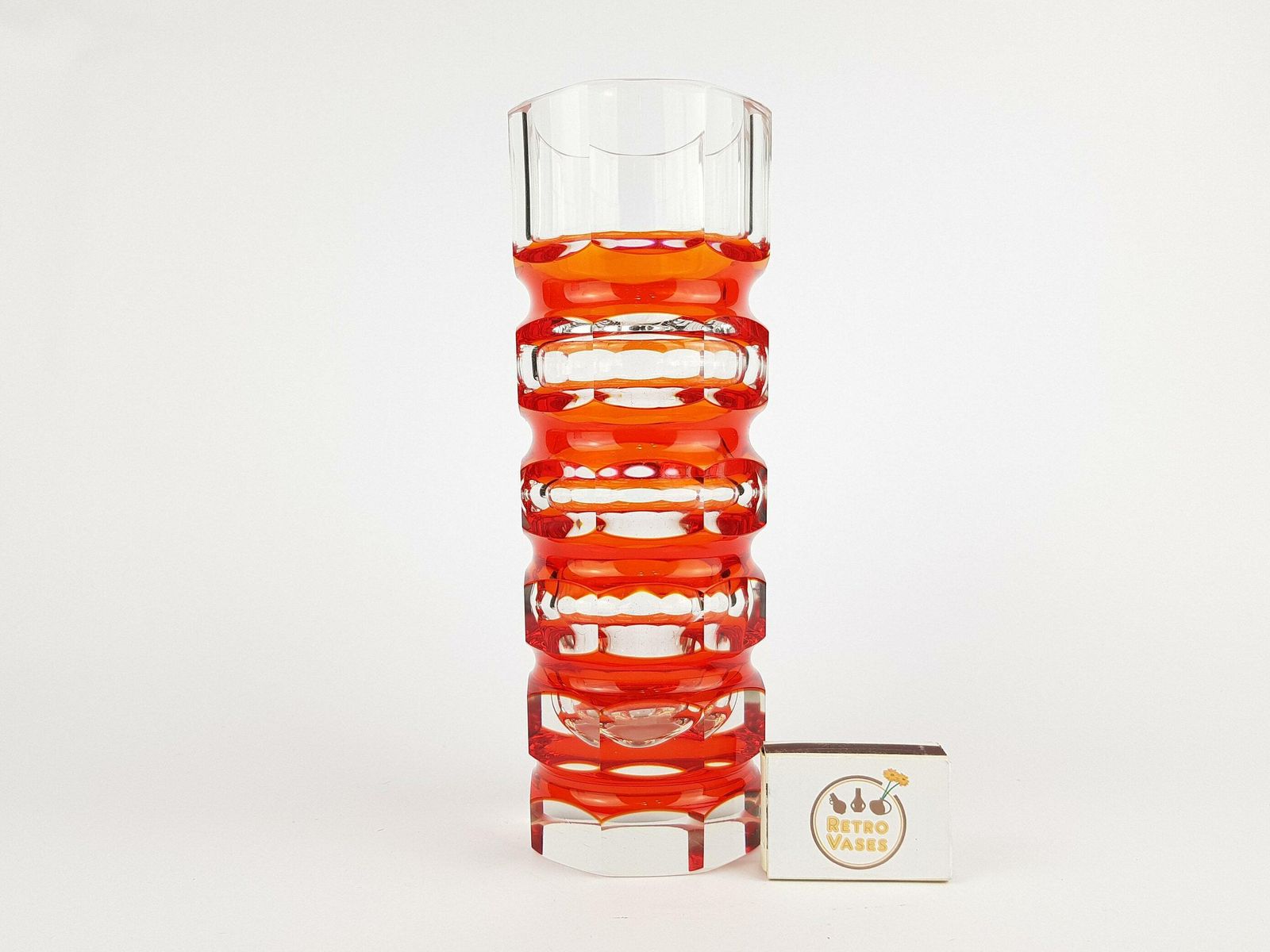 Vintage Stunning Red Veb Glaswerke Schmiedefeld By Oldrich Lipsky Octagonal Facetted Crystal Glass Exbor Vase 1960s 1970s photo furniture