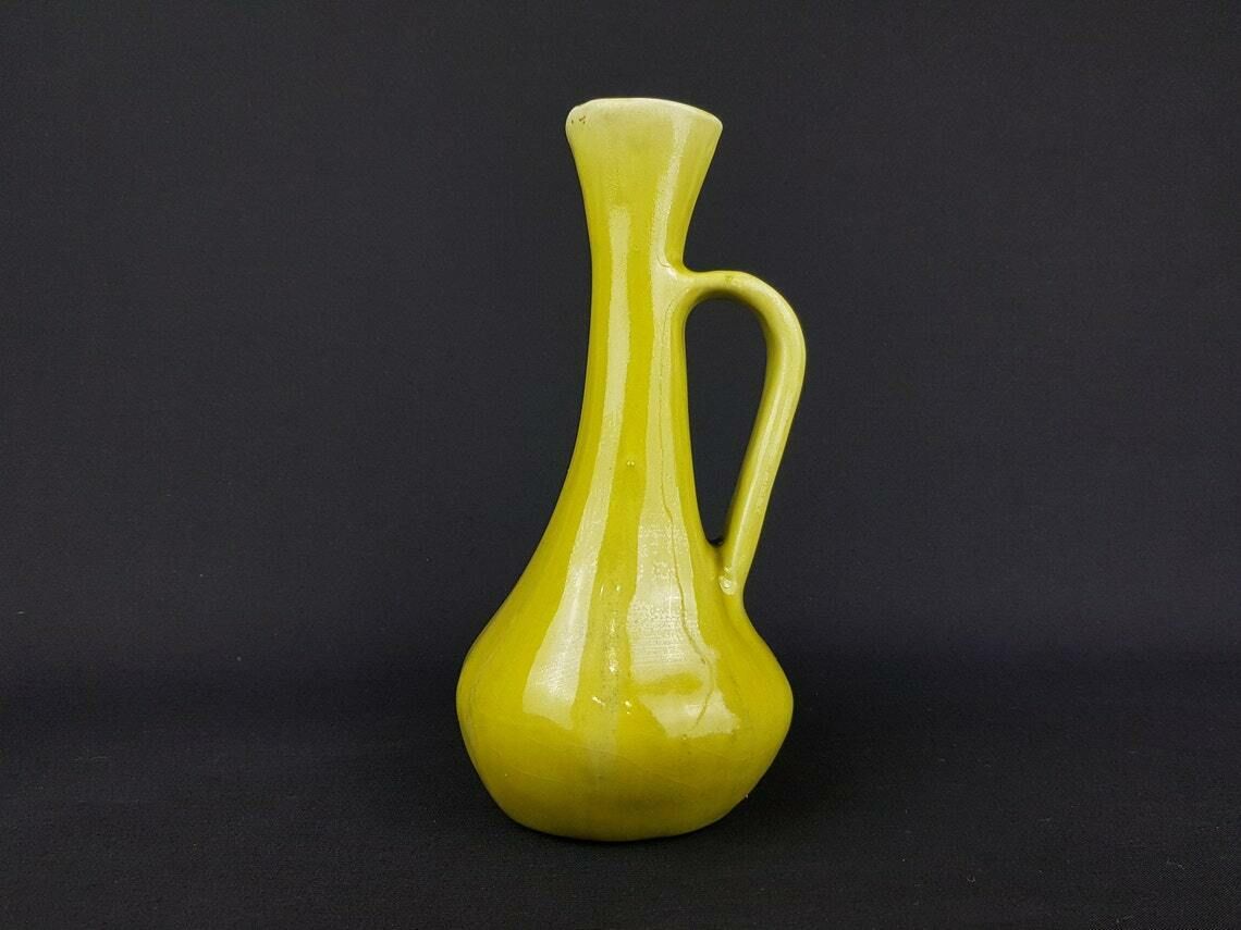 Vintage Greenish Yellow Handled Studio Pottery France Handled Vase French Pottery 60 70s