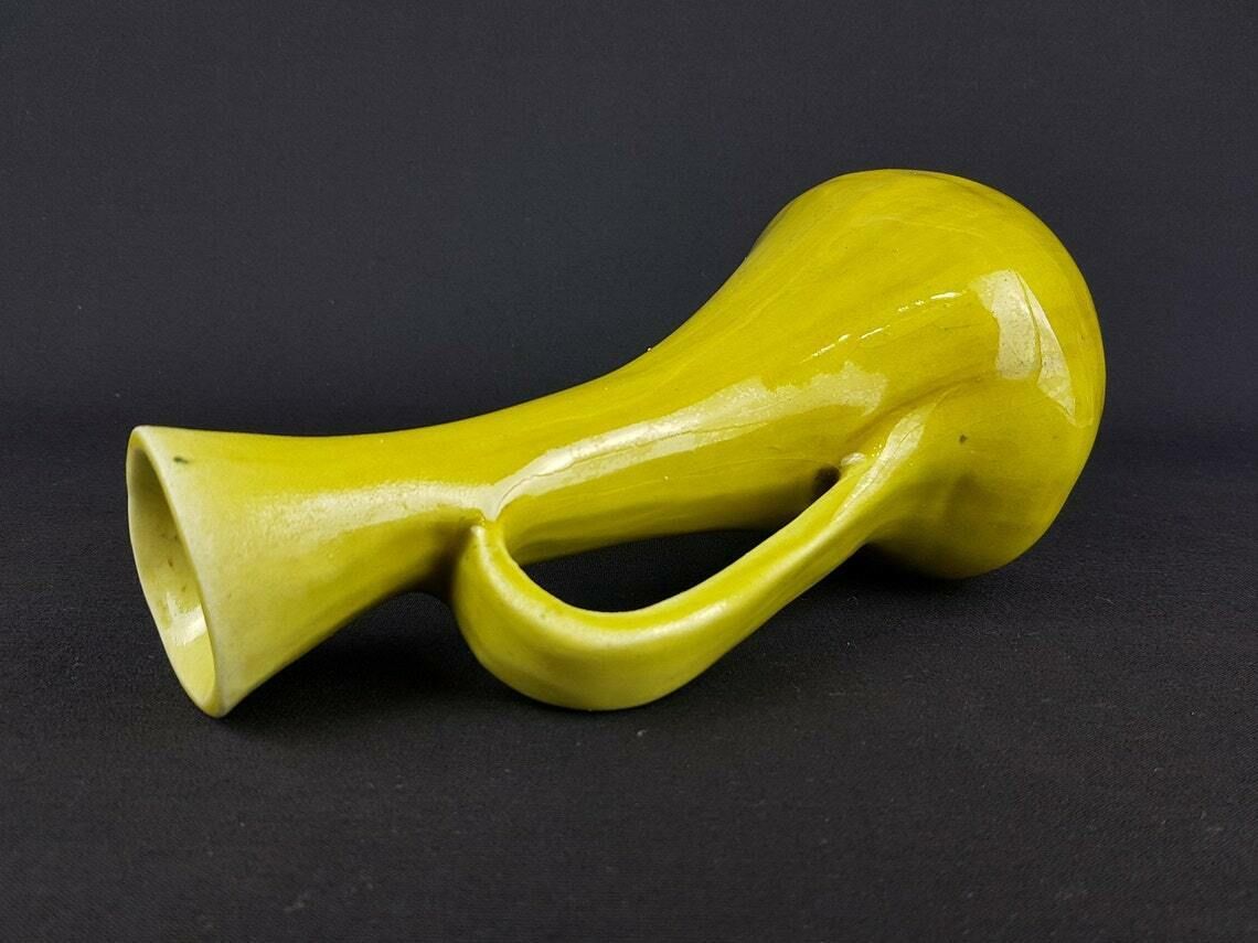Vintage Greenish Yellow Handled Studio Pottery France Handled Vase French Pottery 60 70s photo Home Decor