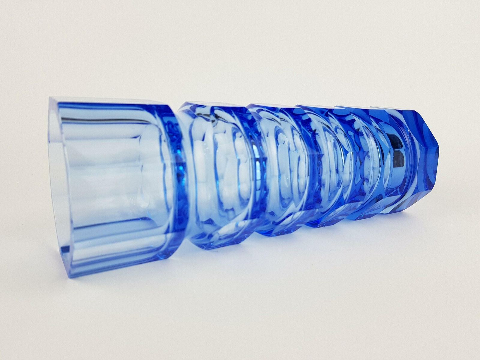 Vintage Stunning Blue Veb Glaswerke Schmiedefeld By Oldrich Lipsky Octagonal Facetted Crystal Glass Exbor Vase 1960s 1970s photo Home Decor