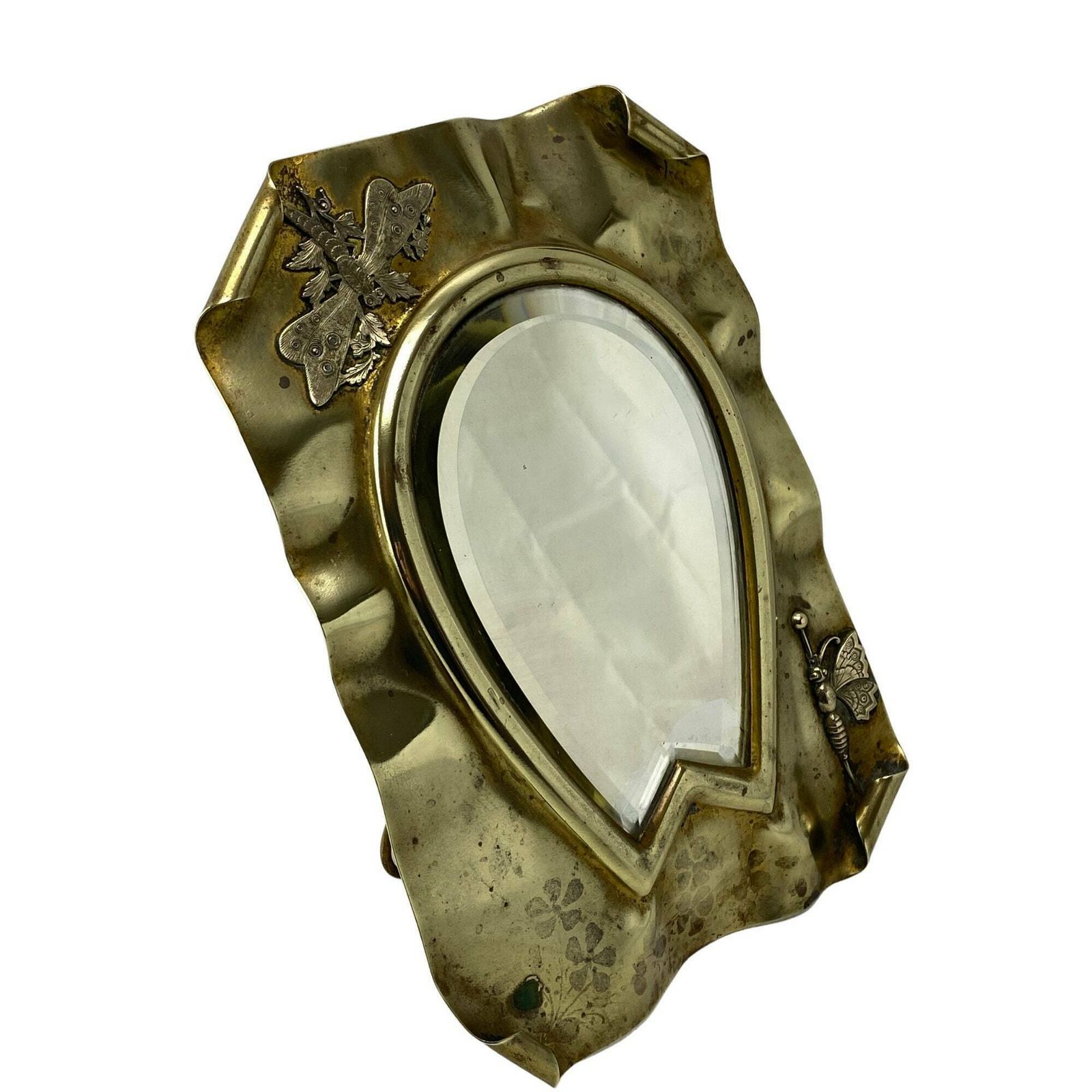 Antique French Art Nouveau Brass Dragonfly Mirror   5 Leaf Clover   Wall Hanging   Free Standing   Home Decor