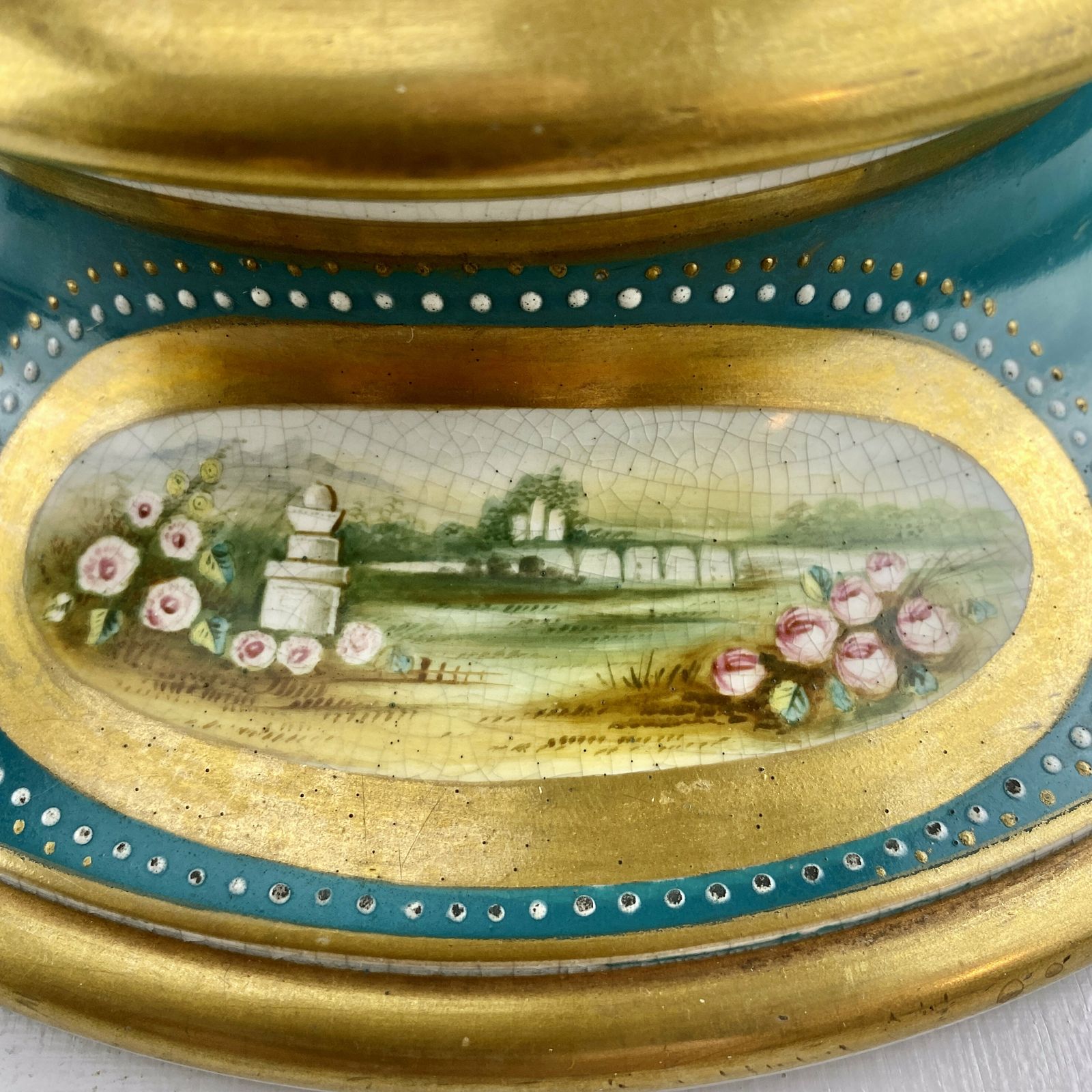 19th Century Porcelain Stand With Inscription   1873   Jardinier   Planter   Gilt & Turquoise   Country House Decor photo vintage