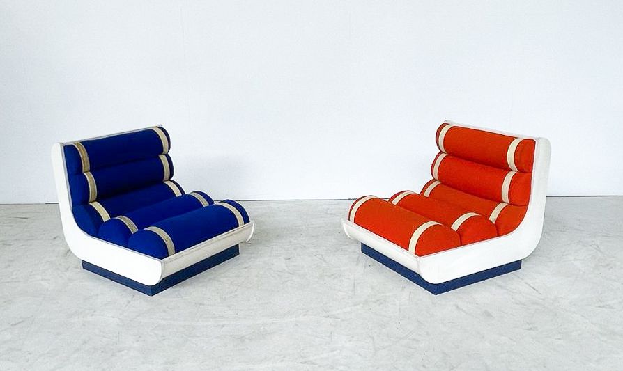 Pair Of Italian Mid Century Modern Red & Blue Armchairs