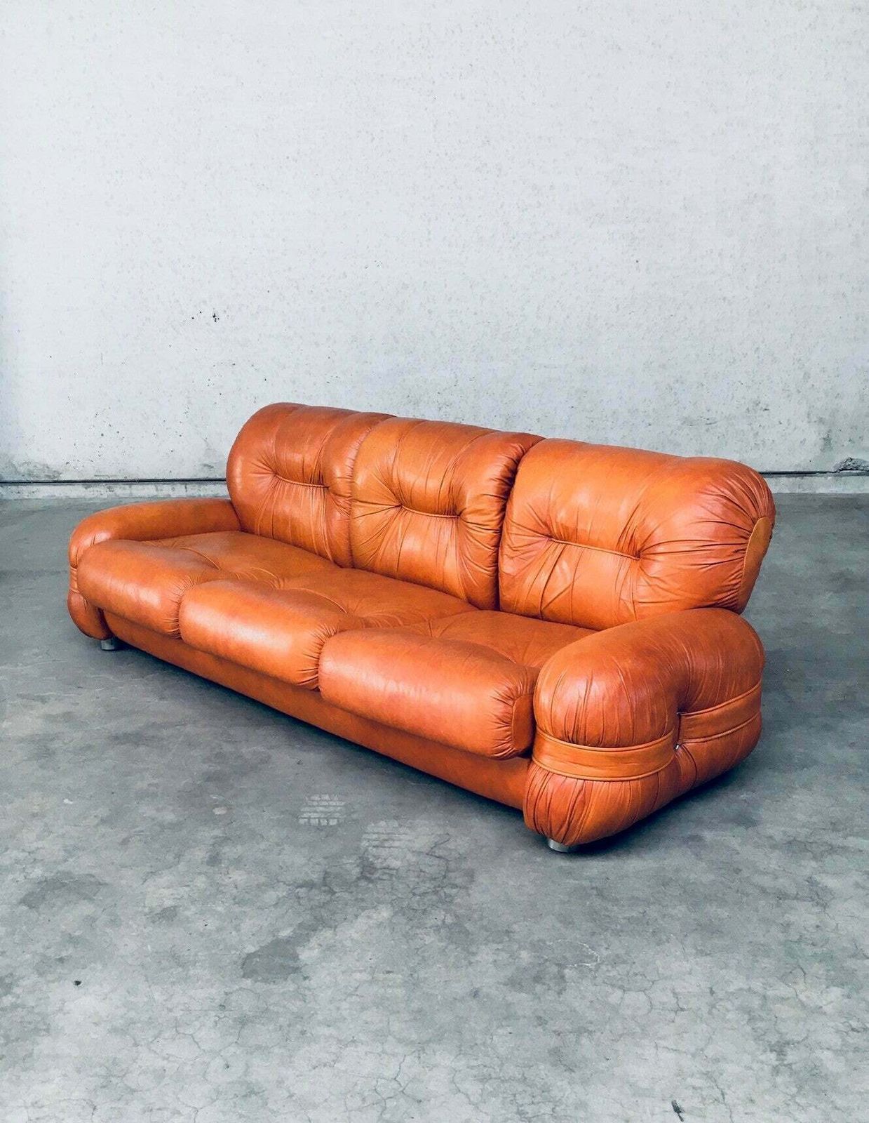 Italiaans Design Leren 3 Zitsbank, Mid Century Modern, Jaren 1970