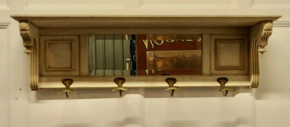 Arts And Crafts French Painted Wall Mirror With Shelf And Coat Hooks