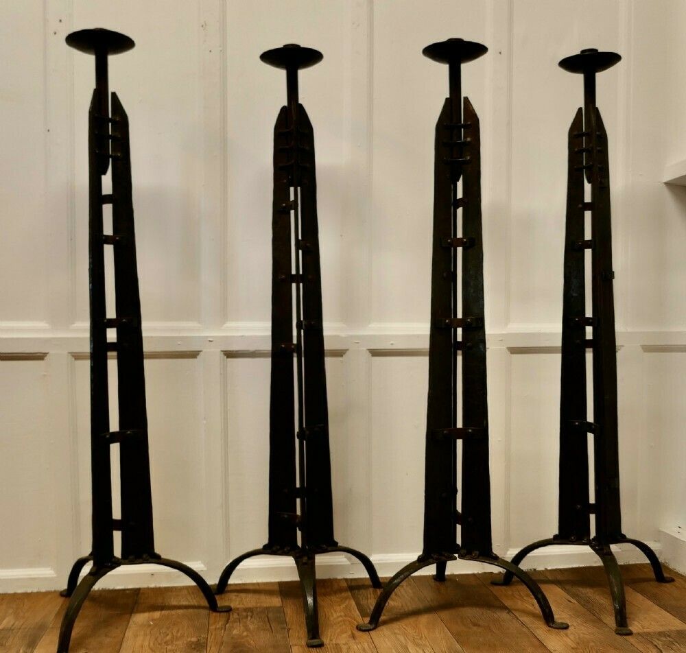 Set Of 4 Hand Forged Iron 5ft Floor Standing Cathedral Candle Sticks, photo furniture
