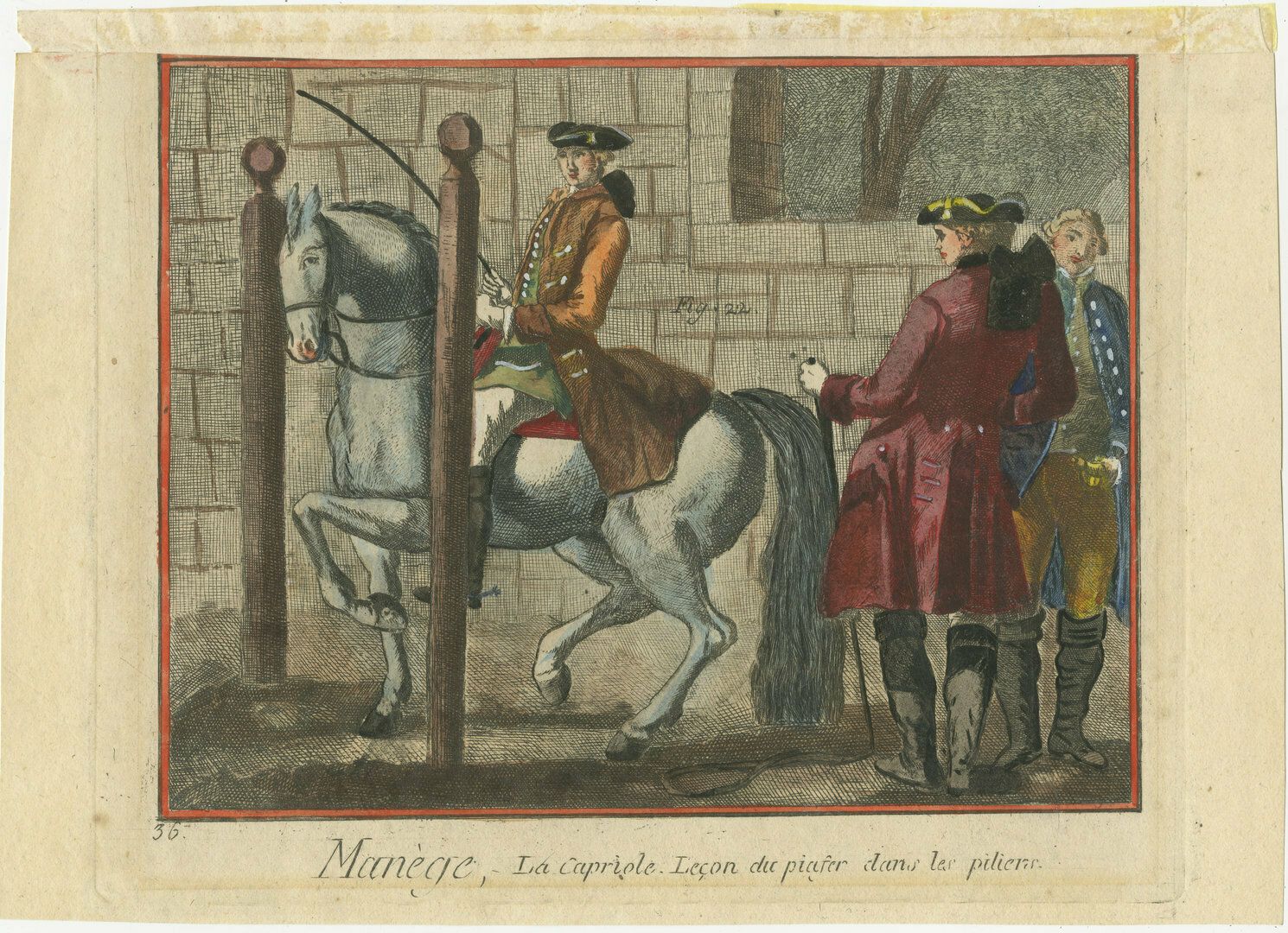 Antique Print Of Horse Riding: Piaffe Lesson Between Pillars