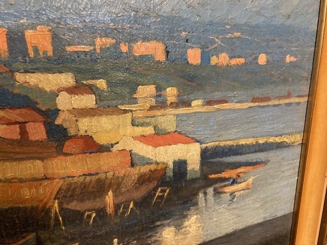 Ancient Painting "City Of Taranto" By Artist Dante Canasi 1925. Oil On Faseite photo vinterior