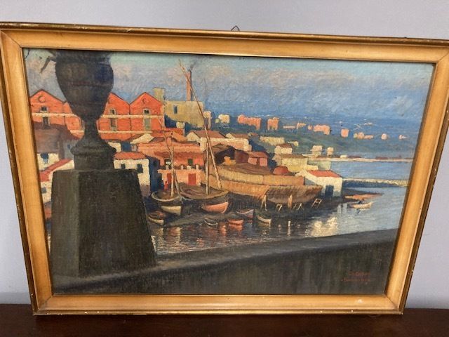 Ancient Painting "City Of Taranto" By Artist Dante Canasi 1925. Oil On Faseite photo vintage
