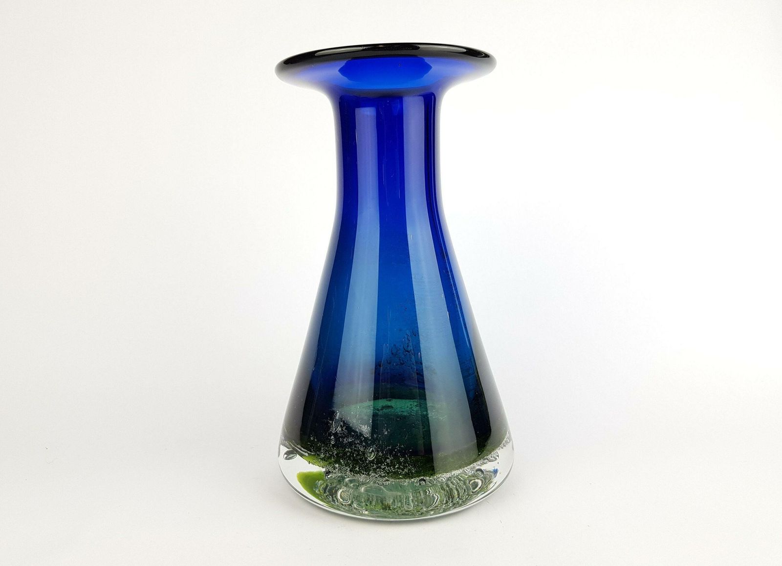 Vintage 1960 70s Schott Zwiesel Blue And Green Glass Design Vase With Bubbles By Heinrich Löffelhardt West Germany