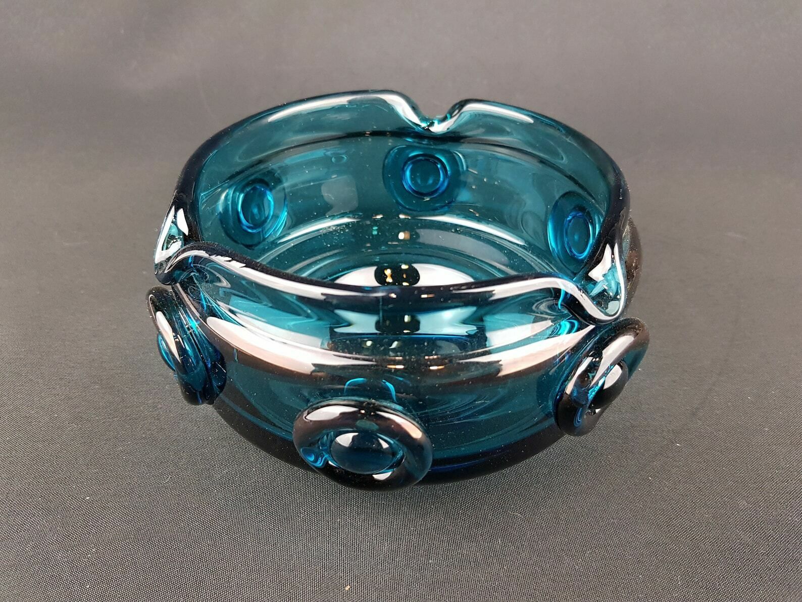Vintage 1960 70s Prachen Glass Turquoise Design Bowl With 3d Decor By Josef Hospodka photo for sale