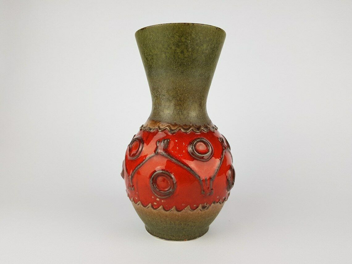 Vintage Green Red Carstens Keramik Vase 1256 22 West German Pottery 1960s