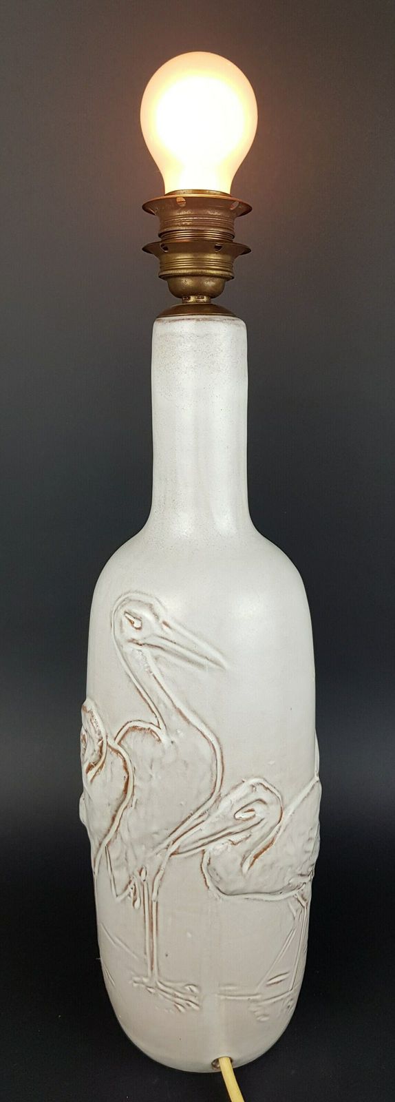 Vintage Mobach Keramiek Beige White Lamp With Heron Decor Dutch Pottery photo for sale