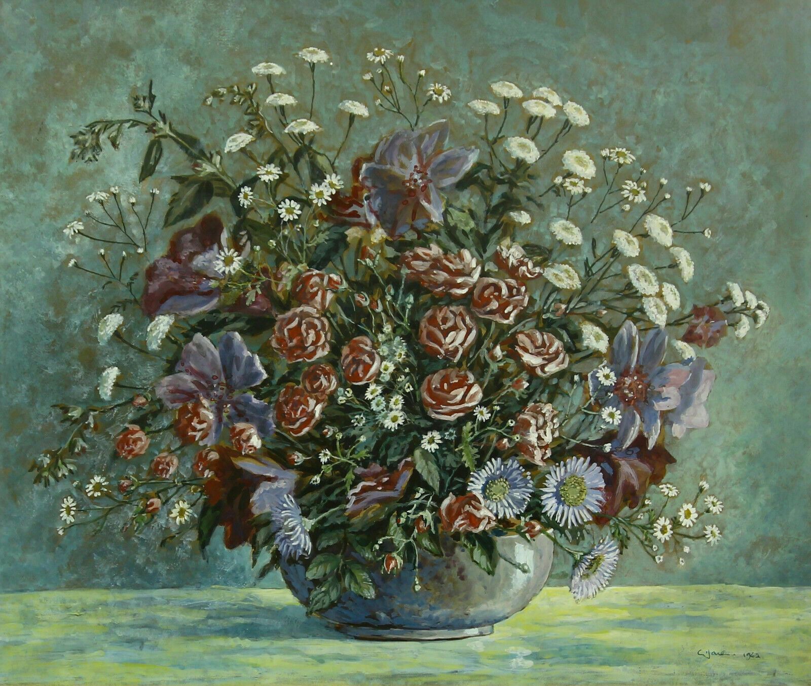 Watercolour By Cecil Charles Ernest Jones. Roses, Daisies And Chrysanthemums photo furniture