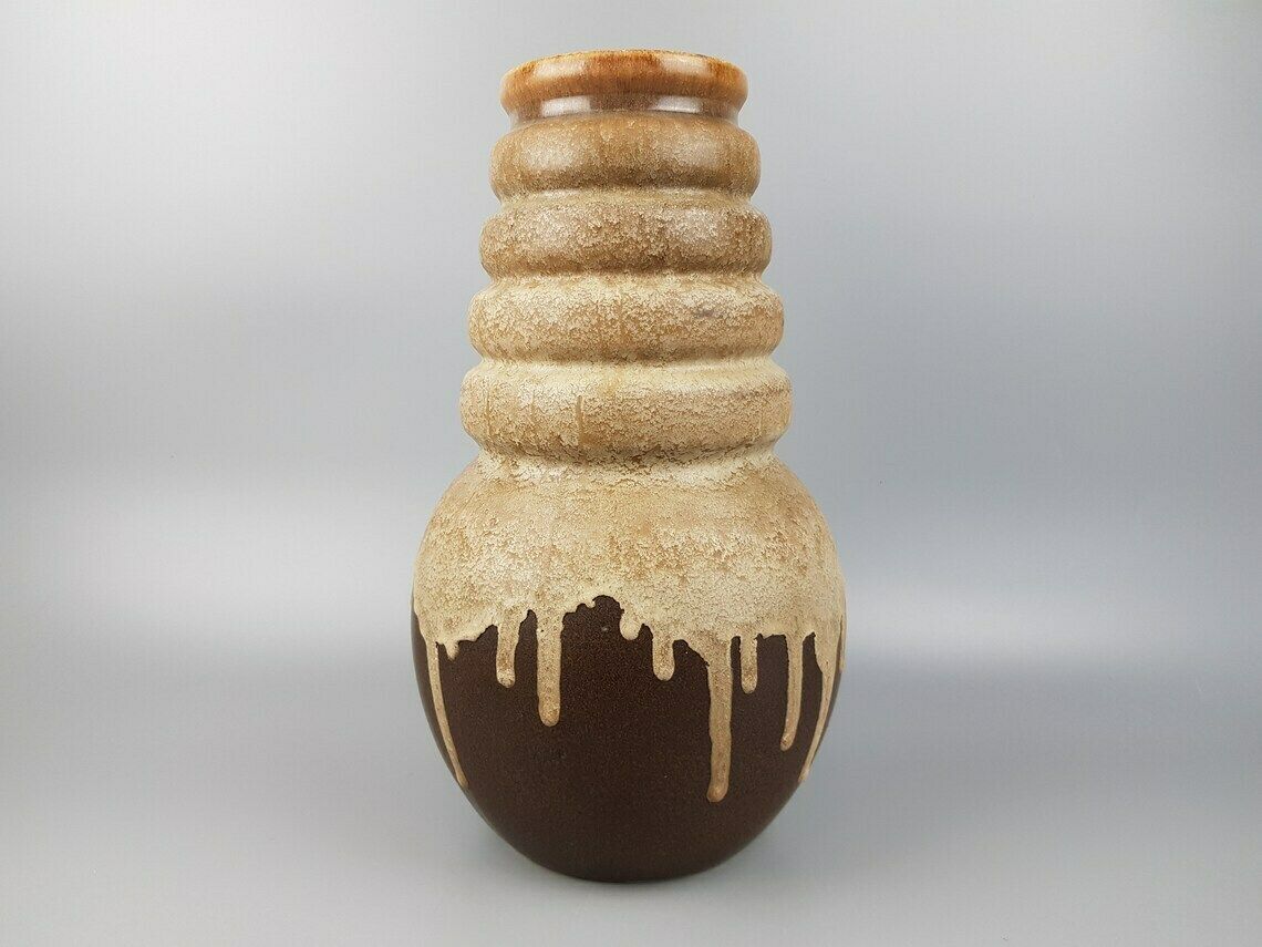 Vintage Scheurich Keramik Beige And Brown With Drip Glaze Vase 269 40 West German Pottery 1970s