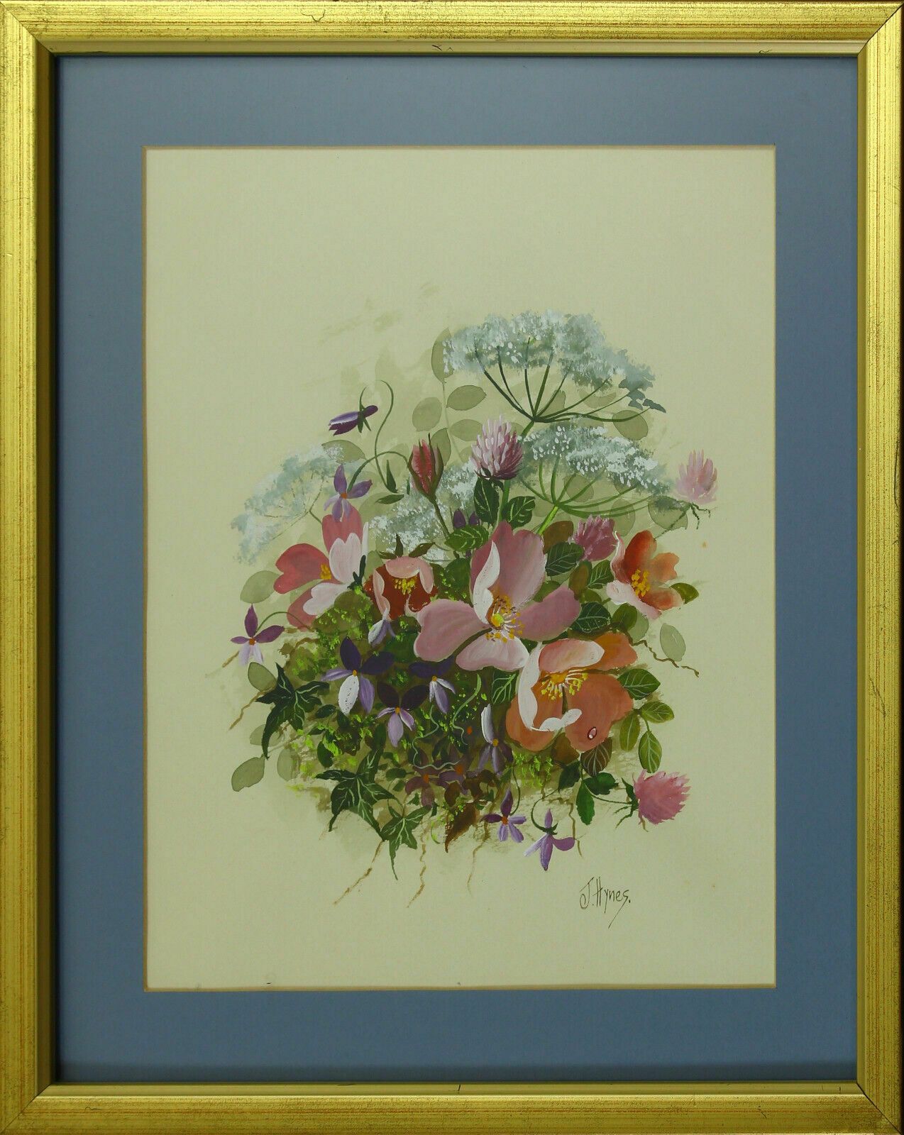 Watercolour Of Dog Roses, Violets, Red Clover And Burnet Saxifrage By Joe Hynes.