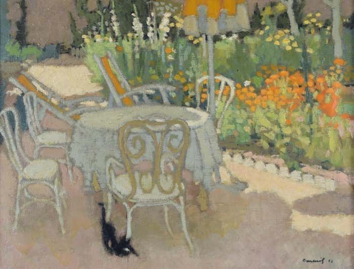 Michel Dureuil La Table Du Jardin Garden Table With A Black Cat Oil Painting By Michel Dureuil photo furniture
