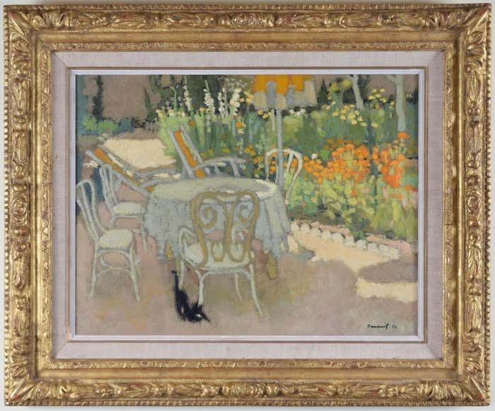 Michel Dureuil La Table Du Jardin Garden Table With A Black Cat Oil Painting By Michel Dureuil photo for sale