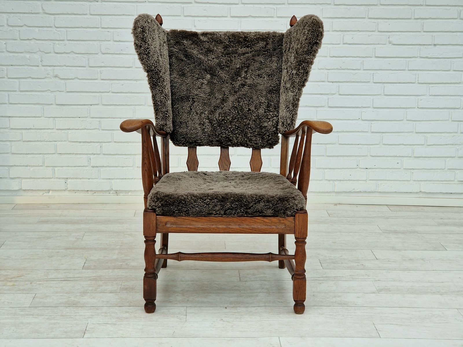 1960s, Danish Design, Renovated Reupholstered High Back Ear Flap Chair, Sheepskin, Oak Wood. photo furniture