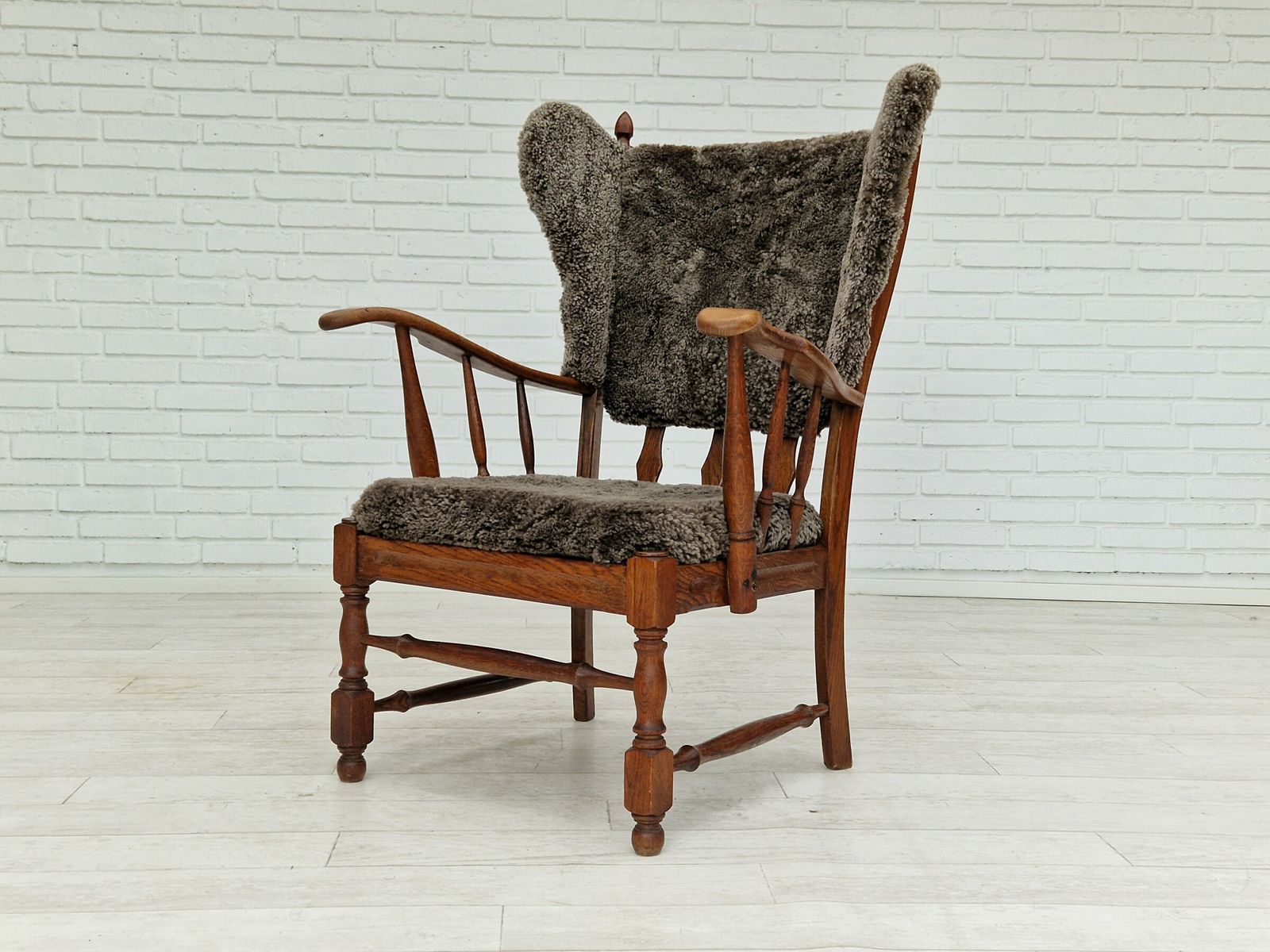 1960s, Danish Design, Renovated Reupholstered High Back Ear Flap Chair, Sheepskin, Oak Wood. photo Furniture