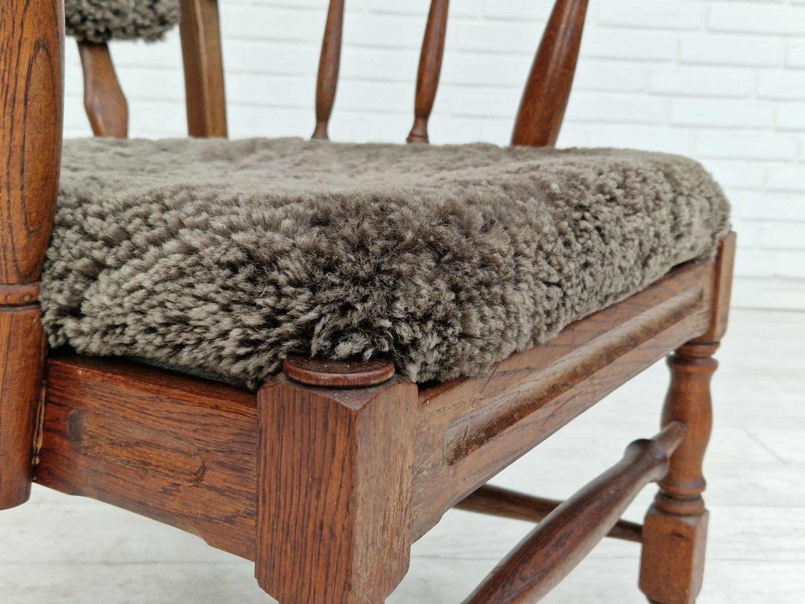 1960s, Danish Design, Renovated Reupholstered High Back Ear Flap Chair, Sheepskin, Oak Wood. photo 1650.0