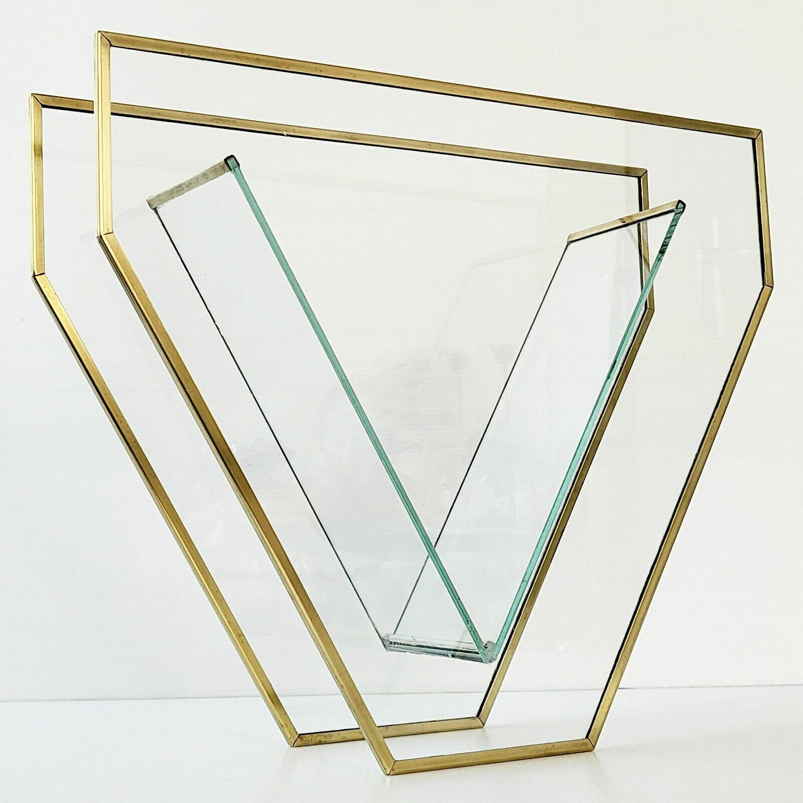 Magnificent Vintage Vase 1980 In Glass & Gold Brass Triangular Shape 80s 1980s