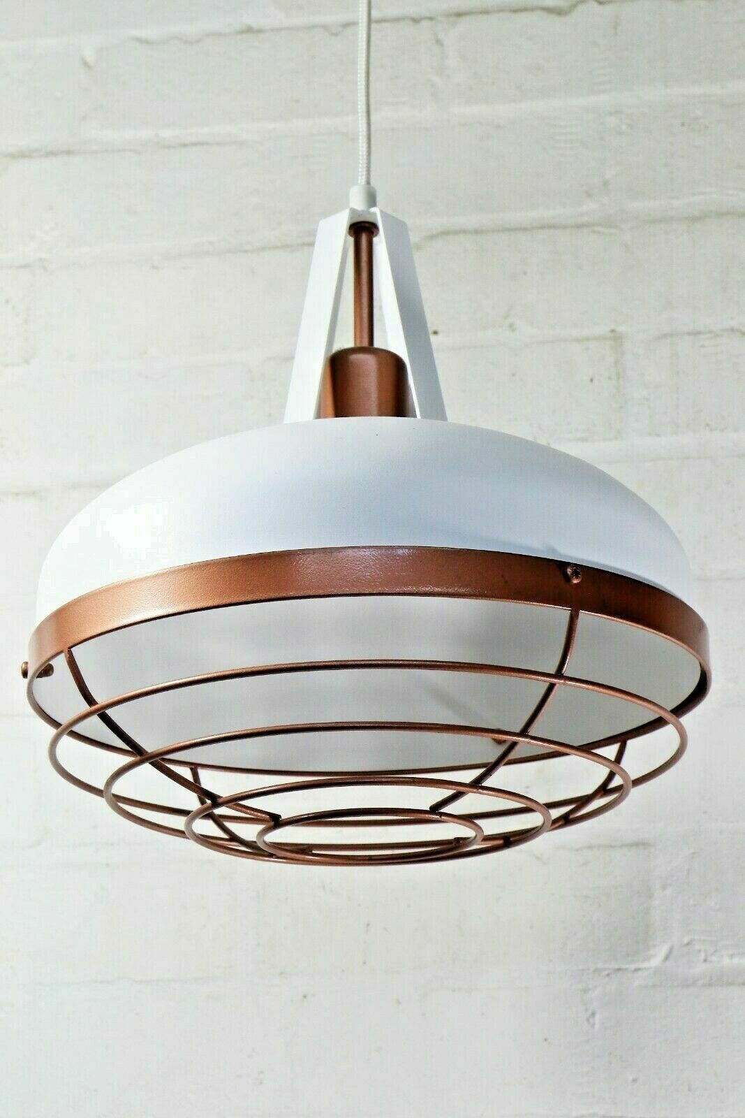 Pair Of Italian Pendant Ceiling Lights Caged Lamps Metal Painted White & Gold photo for sale