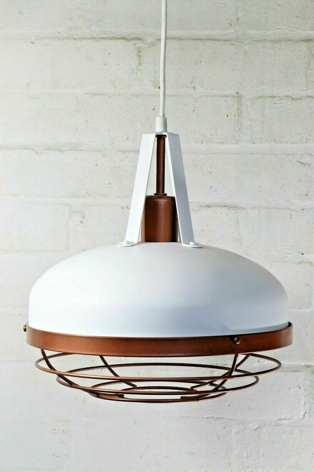 Pair Of Italian Pendant Ceiling Lights Caged Lamps Metal Painted White & Gold