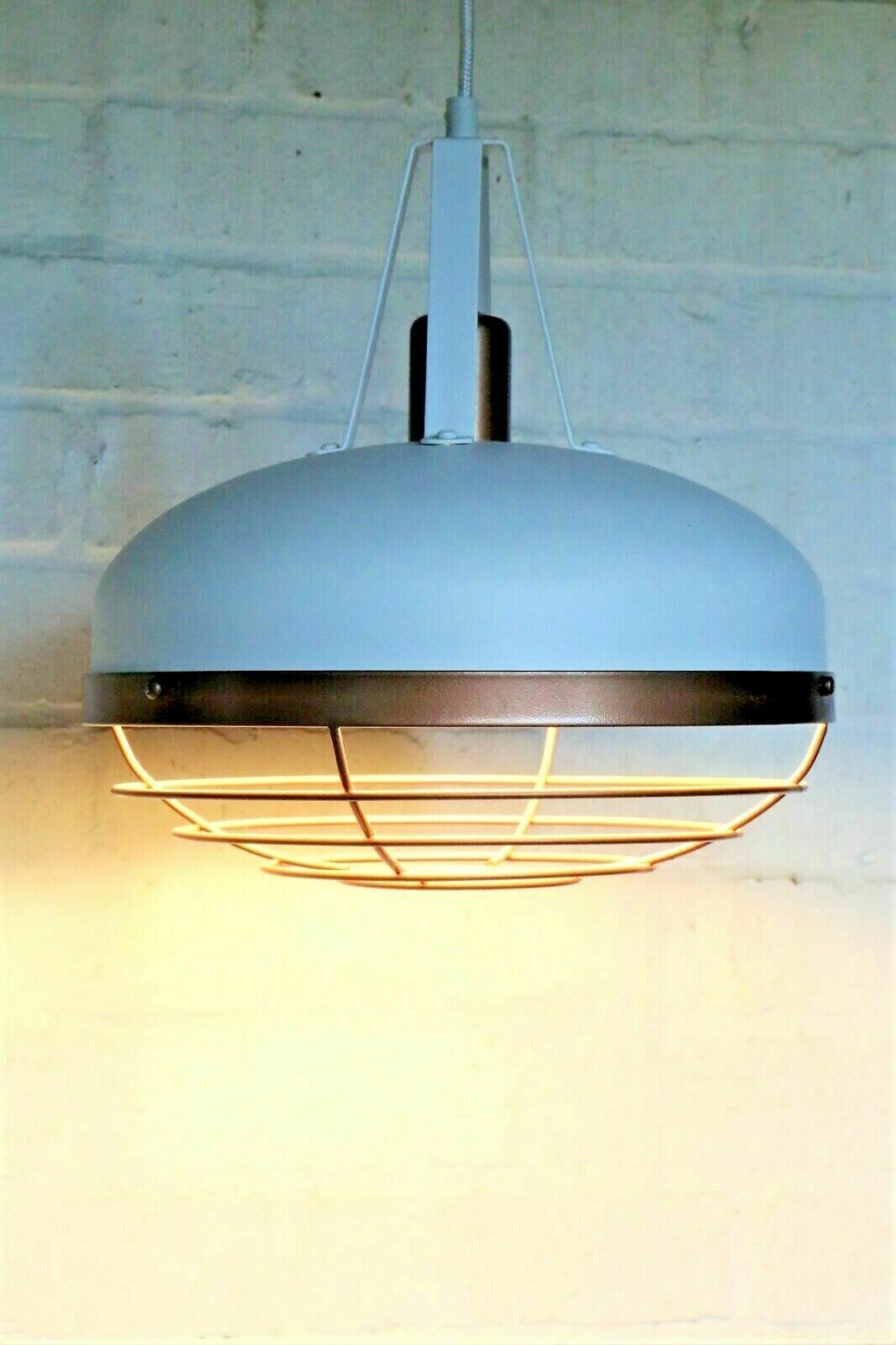 Pair Of Italian Pendant Ceiling Lights Caged Lamps Metal Painted White & Gold photo Lighting