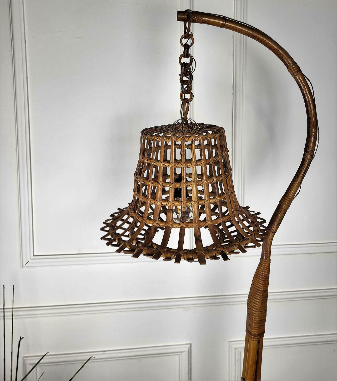 1960s Italian Bamboo Rattan Bohemian Modernist Tall Floor Lamp Hanging Lantern photo buy