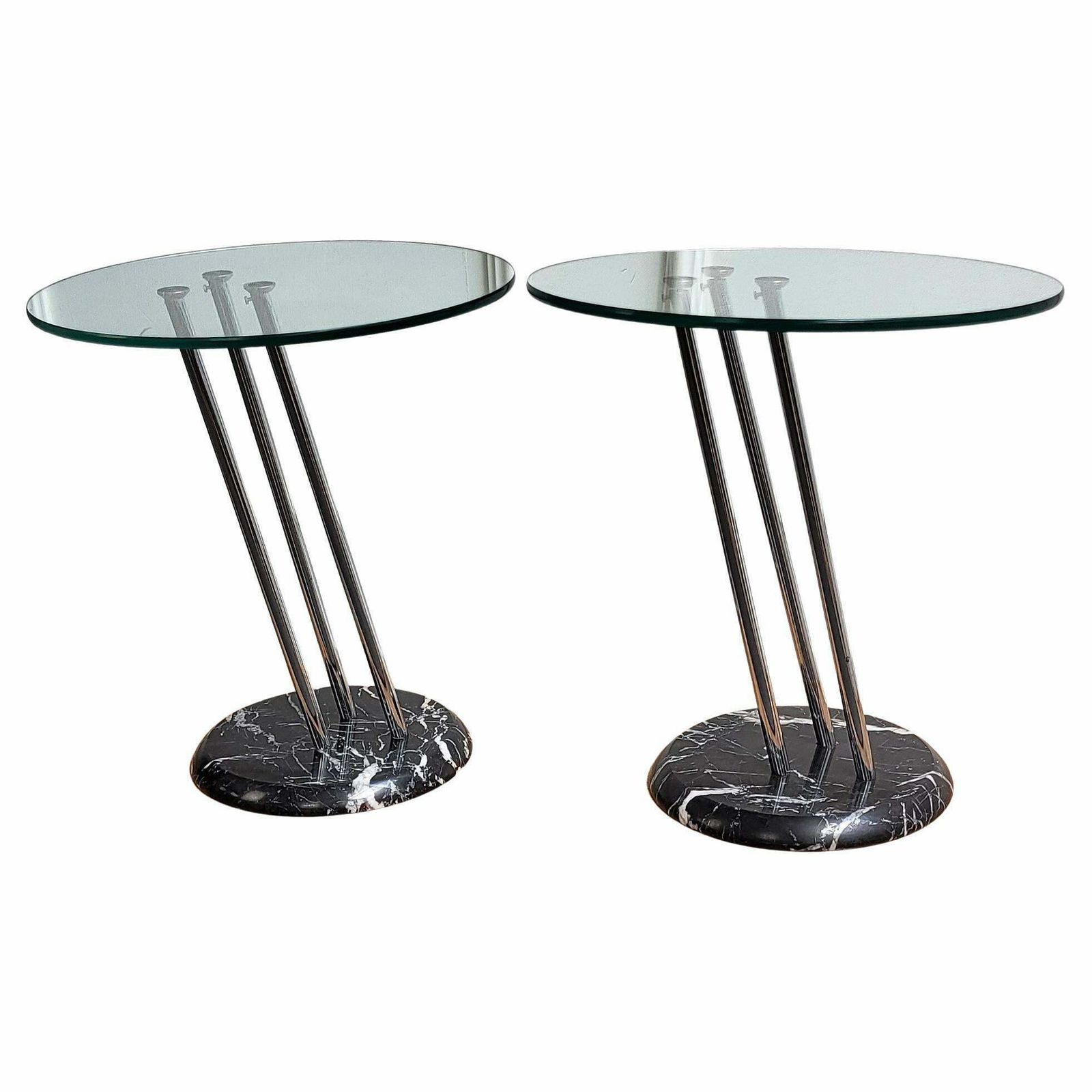 Pair Of Italian Black Marble Base Metal Glass Top Side Tables Or Bedside Tables
