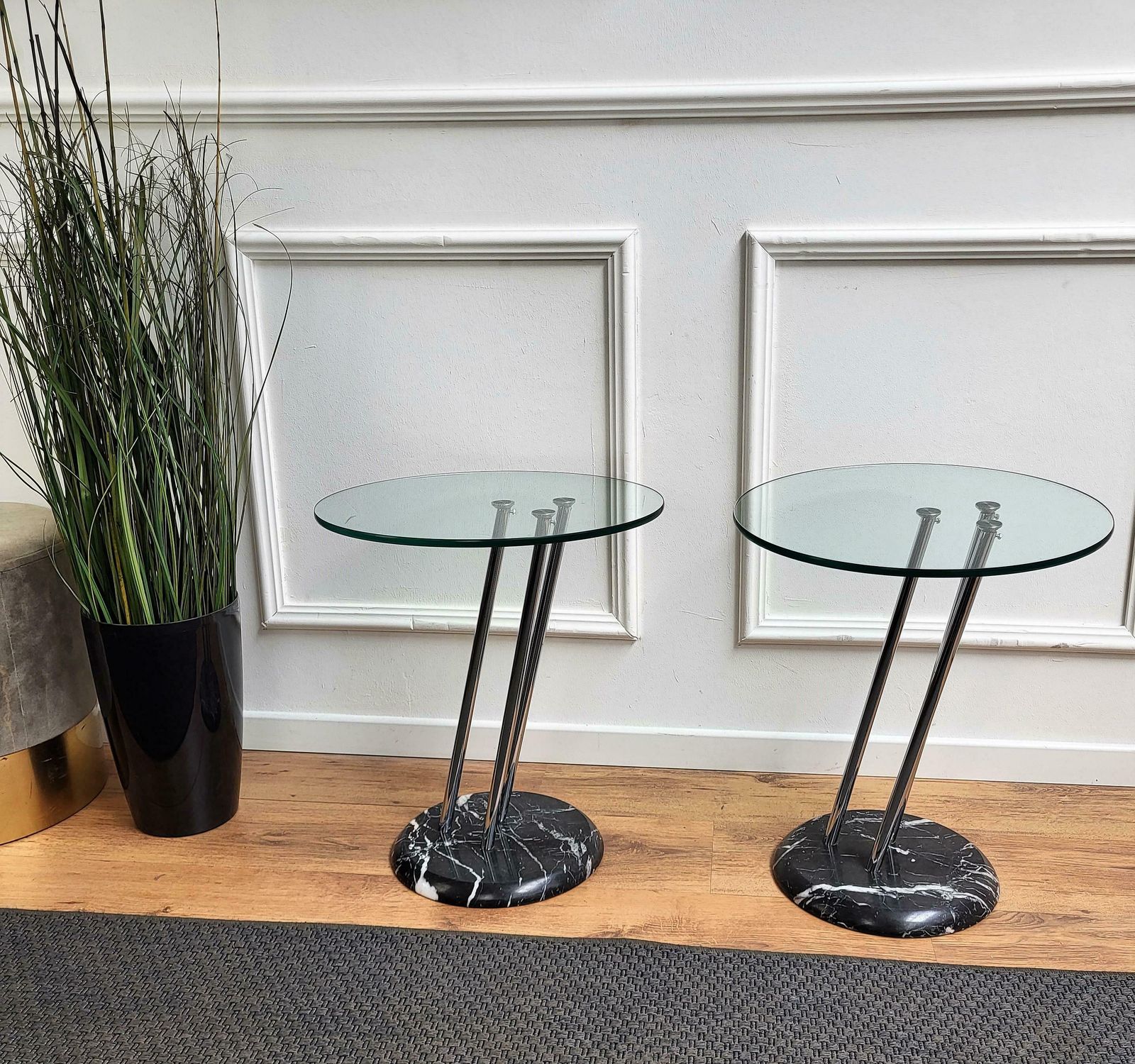 Pair Of Italian Black Marble Base Metal Glass Top Side Tables Or Bedside Tables photo furniture