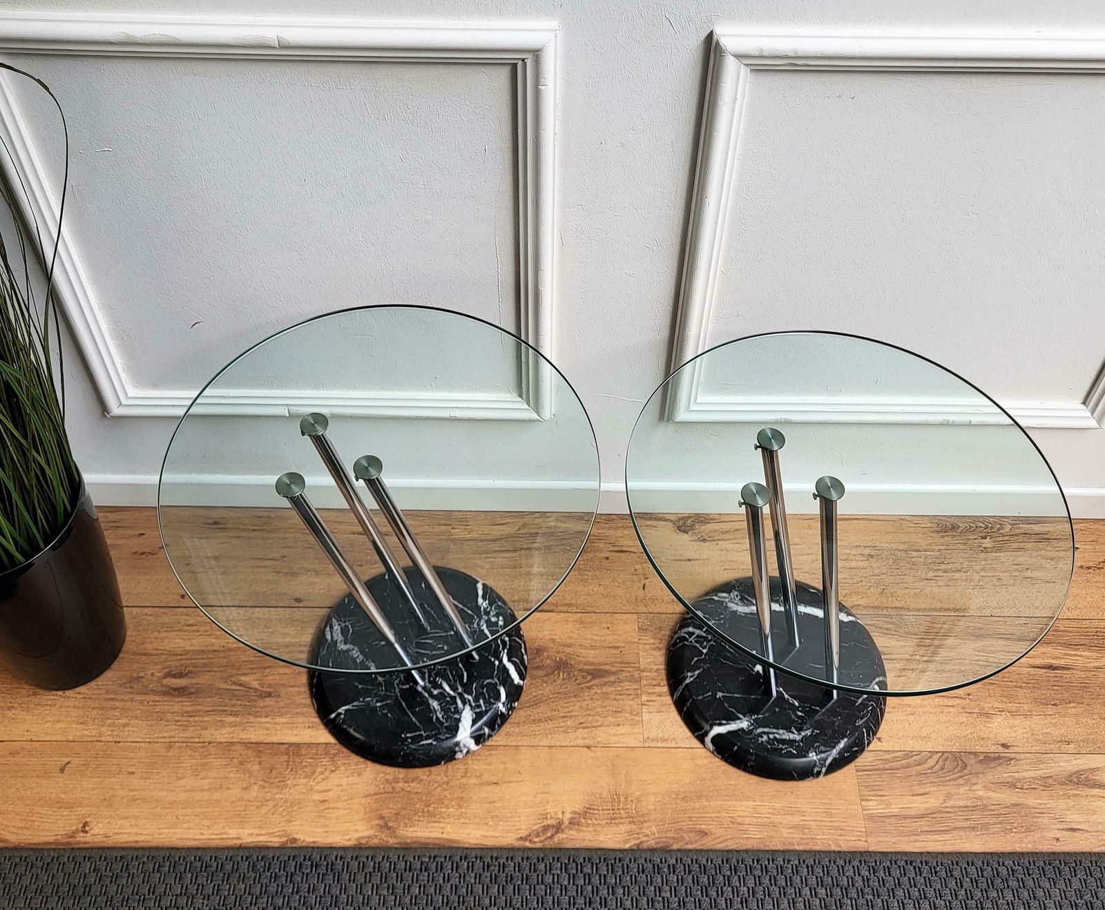 Pair Of Italian Black Marble Base Metal Glass Top Side Tables Or Bedside Tables photo vintage