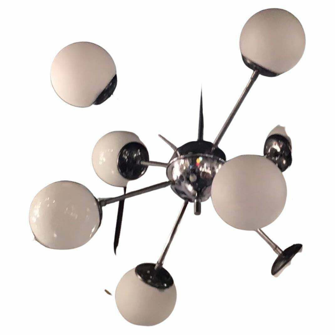 Stilnovo Chandelier 8 Light Metal Crome Opal Glass Or Shiny Glass 1958 Italy