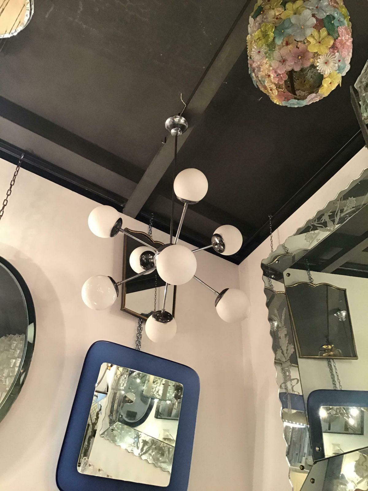 Lighting Stilnovo Chandelier 8 Light Metal Crome Opal Glass Or Shiny Glass 1958 Italy photo