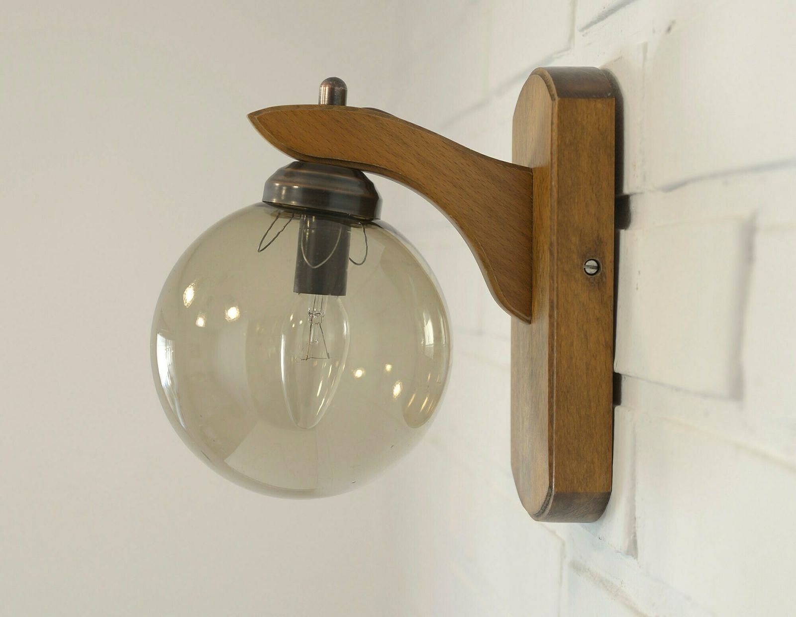 Vintage Wooden Wall Lamp / Made In Yugoslavia 80's / Mid Century Modern Lighting / Smoked Glass Space Age Light Fixture photo for sale