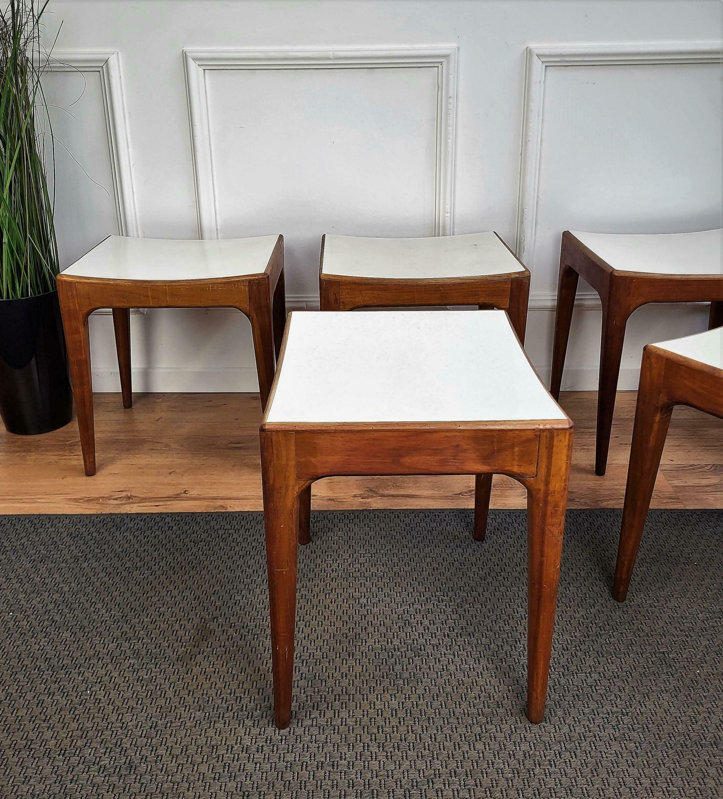 Mid Century Modern Italian White Lacquered Curved Seat Wooden Stool Side Table photo for sale