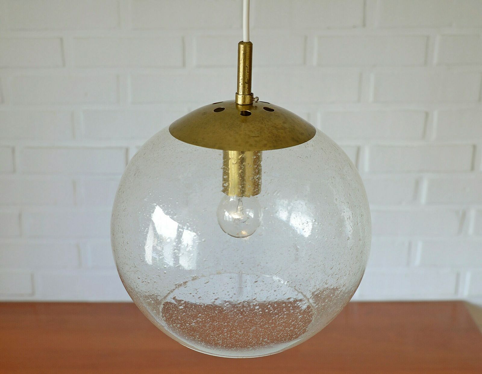 Vintage Brass And Bubble Glass Pendant Lamp / 1980s Light Fixture / Mid Century Modern Globe Ceiling Light photo furniture