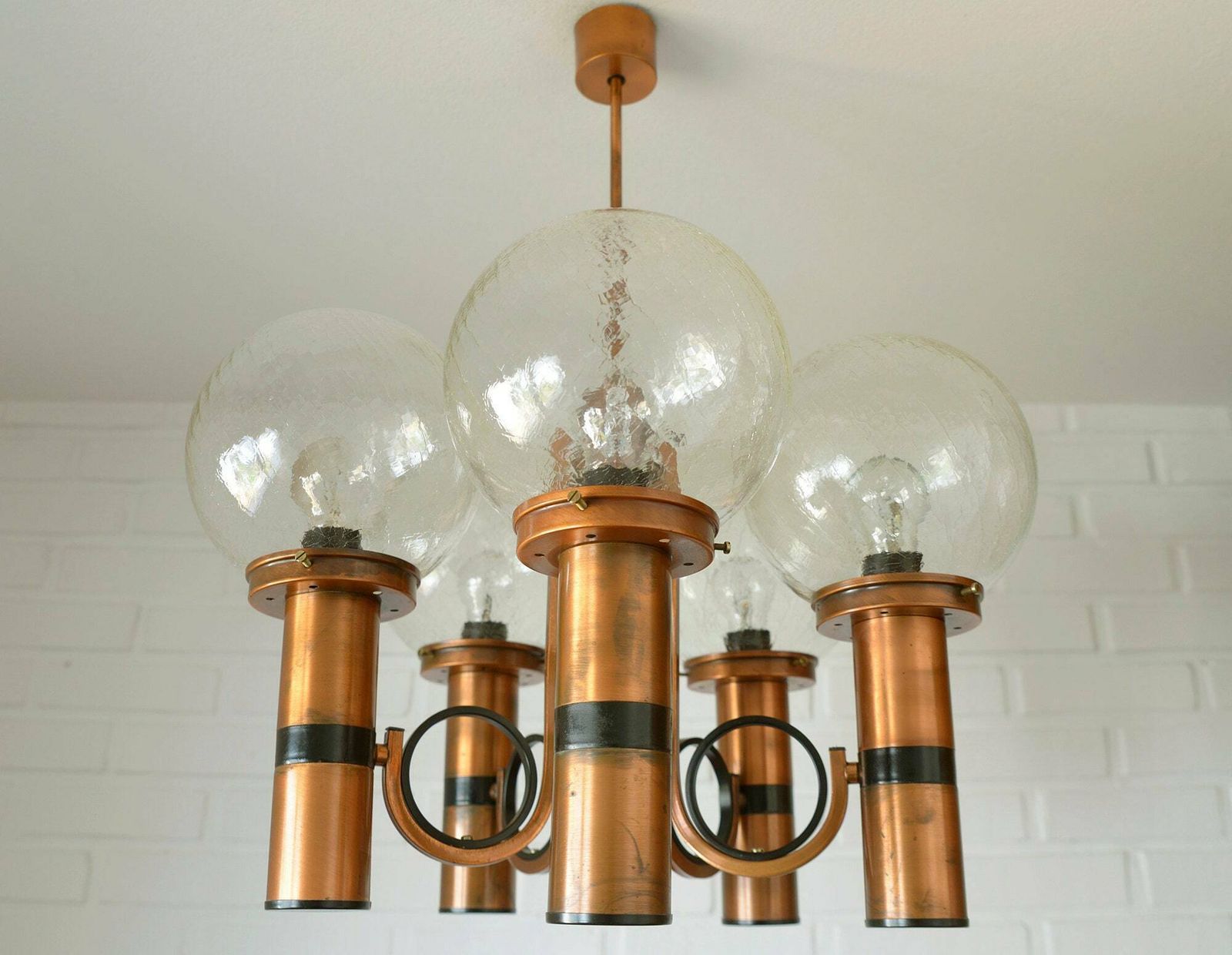 Large Vintage Copper Pendant Lamp / 1980's Brutalist Light Fixture / Mid Century Modern Chandelier photo Lighting