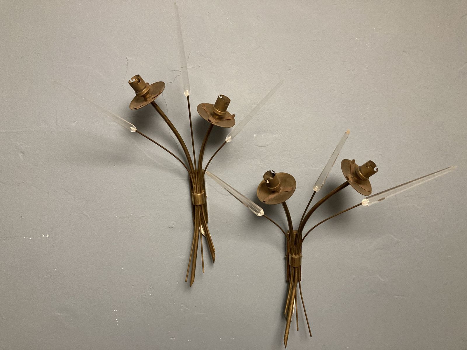 Mid Century Pair Of Brass & Perspex French Wall Lights Attributed To Maison Arlus photo for sale