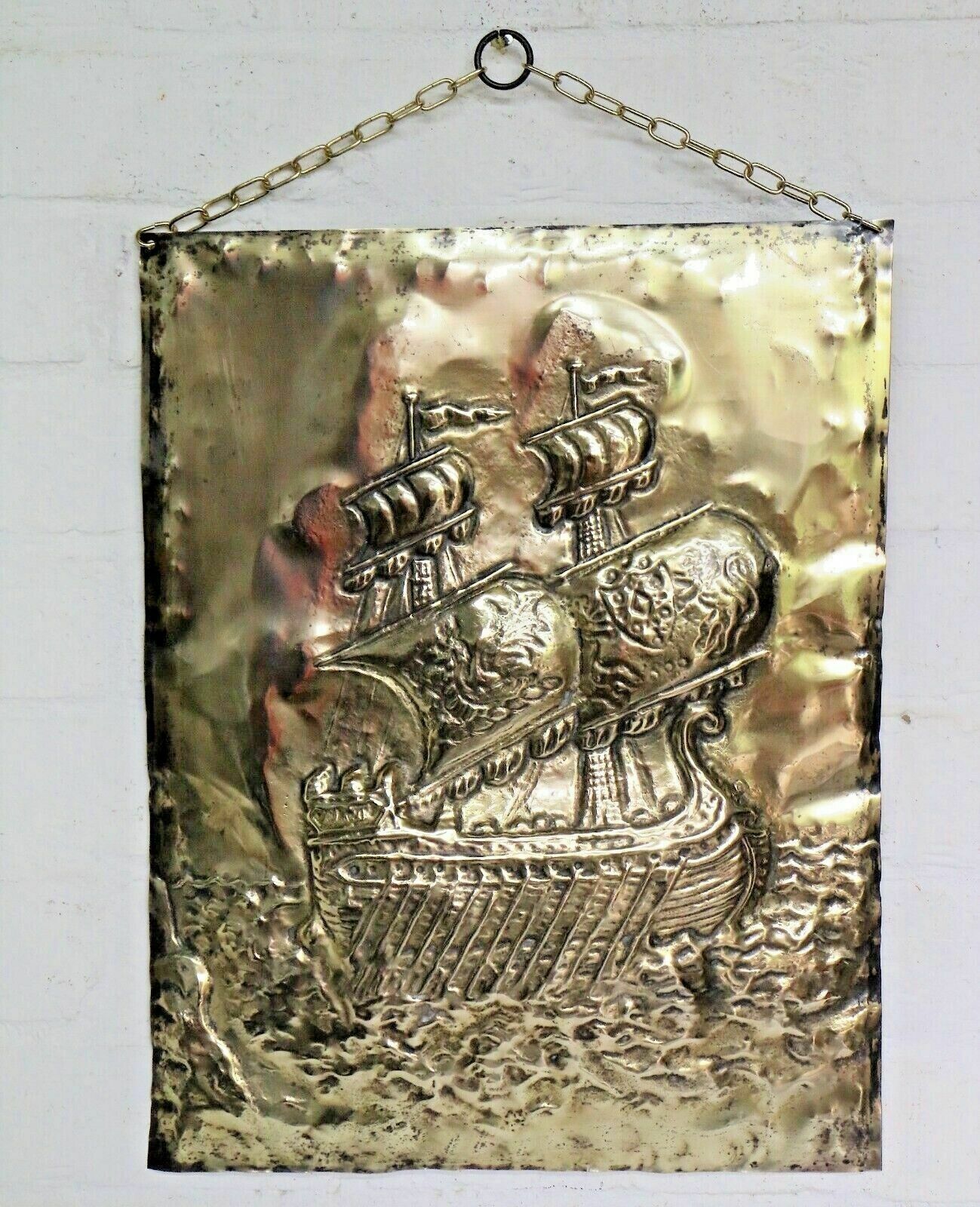 Antique Arts And Crafts English Brass Wall Hanging Galleon High Relief Pub Decor photo furniture
