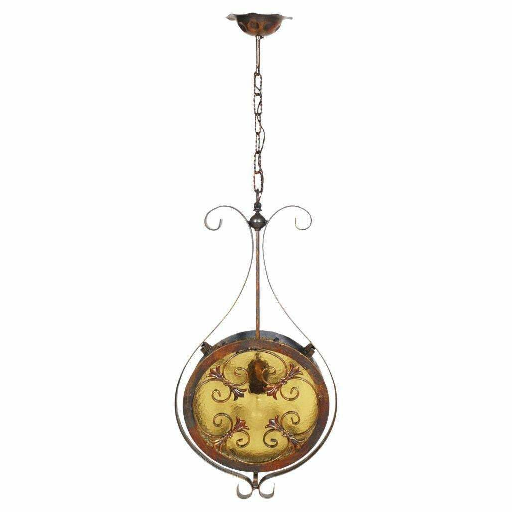 Art Nouveau Pendand Chandelier, Wrought Iron & Bronze Chinchilla Glass Diffuser