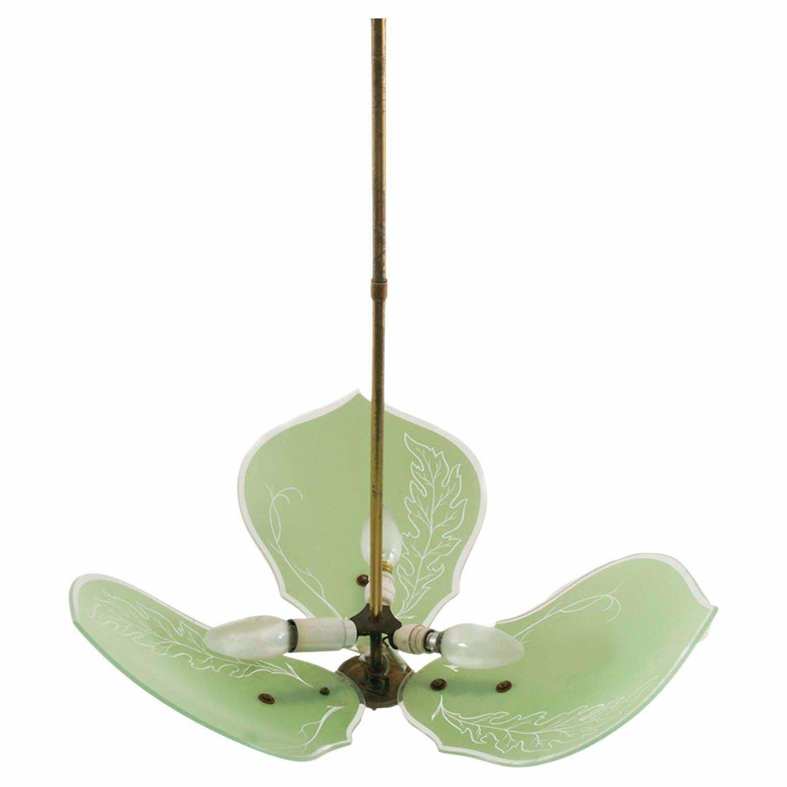 Art Decò 1920s Pendant Chandelier, Murano Glass Green Decored , Gilt Brass