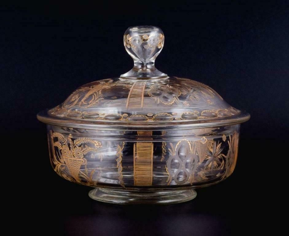 Lidded French Bowl In Mouth Blown Glass With Faceted Motifs And Gold Decoration.