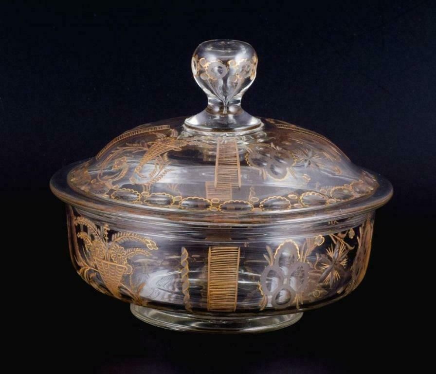Lidded French Bowl In Mouth Blown Glass With Faceted Motifs And Gold Decoration. photo for sale