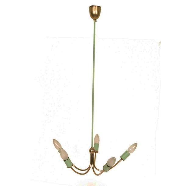 Italy 1920s Chandelier Art Deco, Gilt Brass And Painted Brass With Five Lights photo vinterior